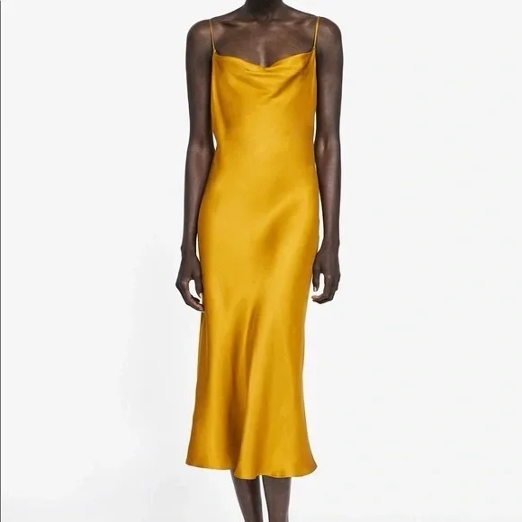 slim fit dress slacks Yellow Satin Cowl Neck Midi Dress main image 1